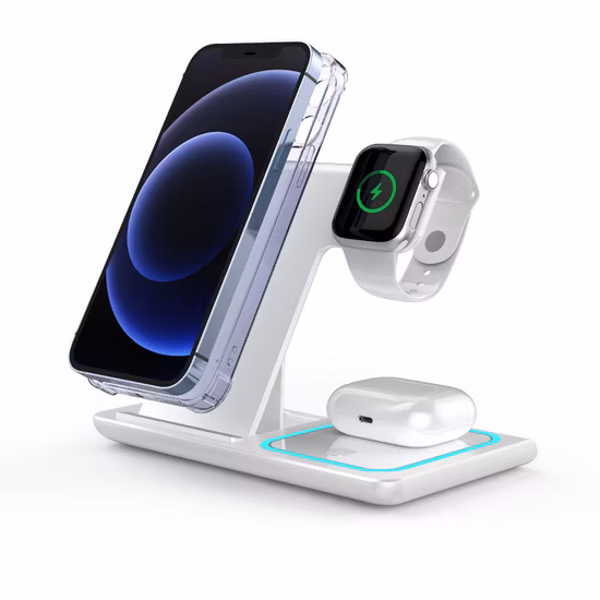 Caricabatterie wireless 3 in 1 pieghevole di nuovo design per cellulari, auricolari, orologi